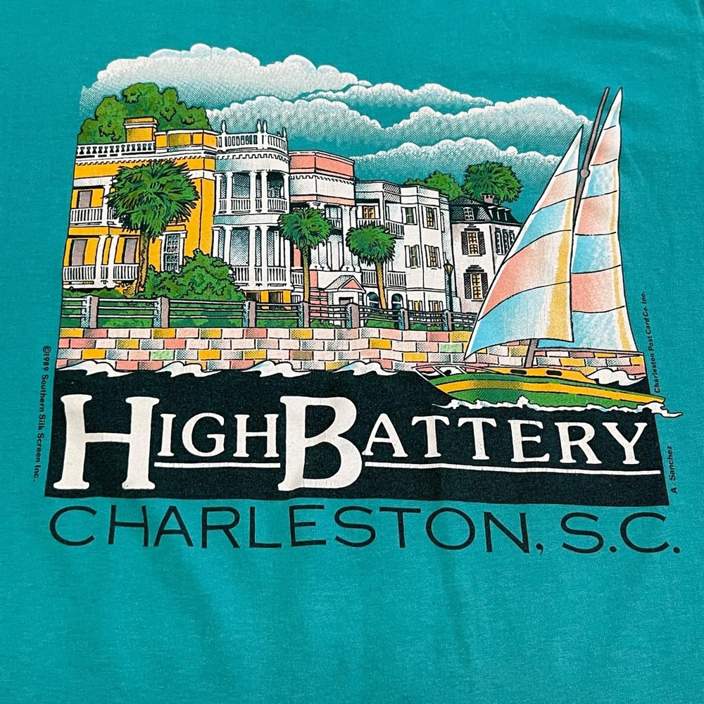 Vintage 1989 Charleston SC High Battery T Shirt Teal Single Stitch Small 18x26